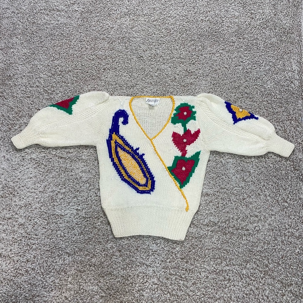 VTG Sideffects white knit beaded v neck sweater size S